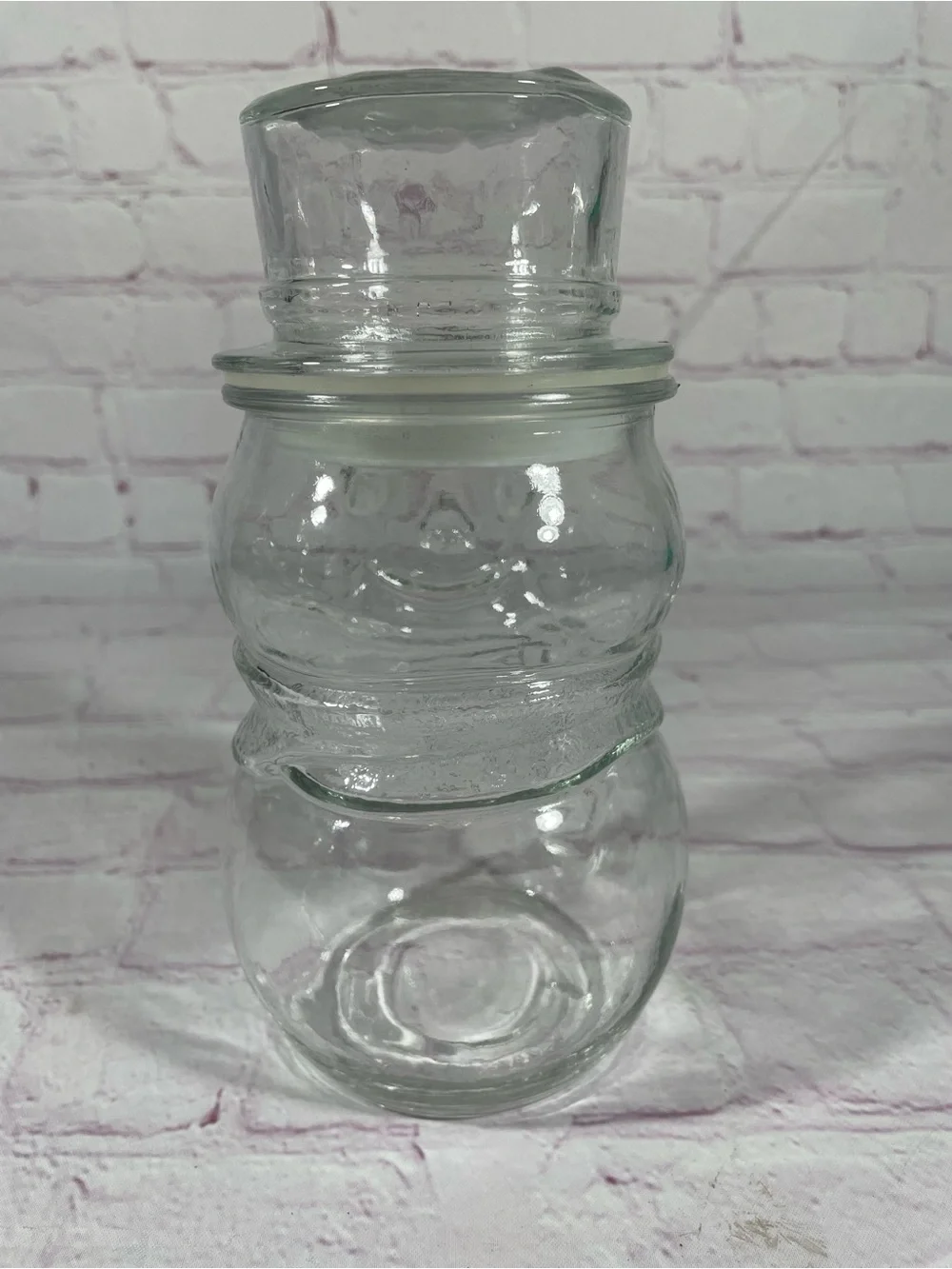 Vintage Libbey of Canada Clear Glass Snowman with Top Hat Lidded Jar Container